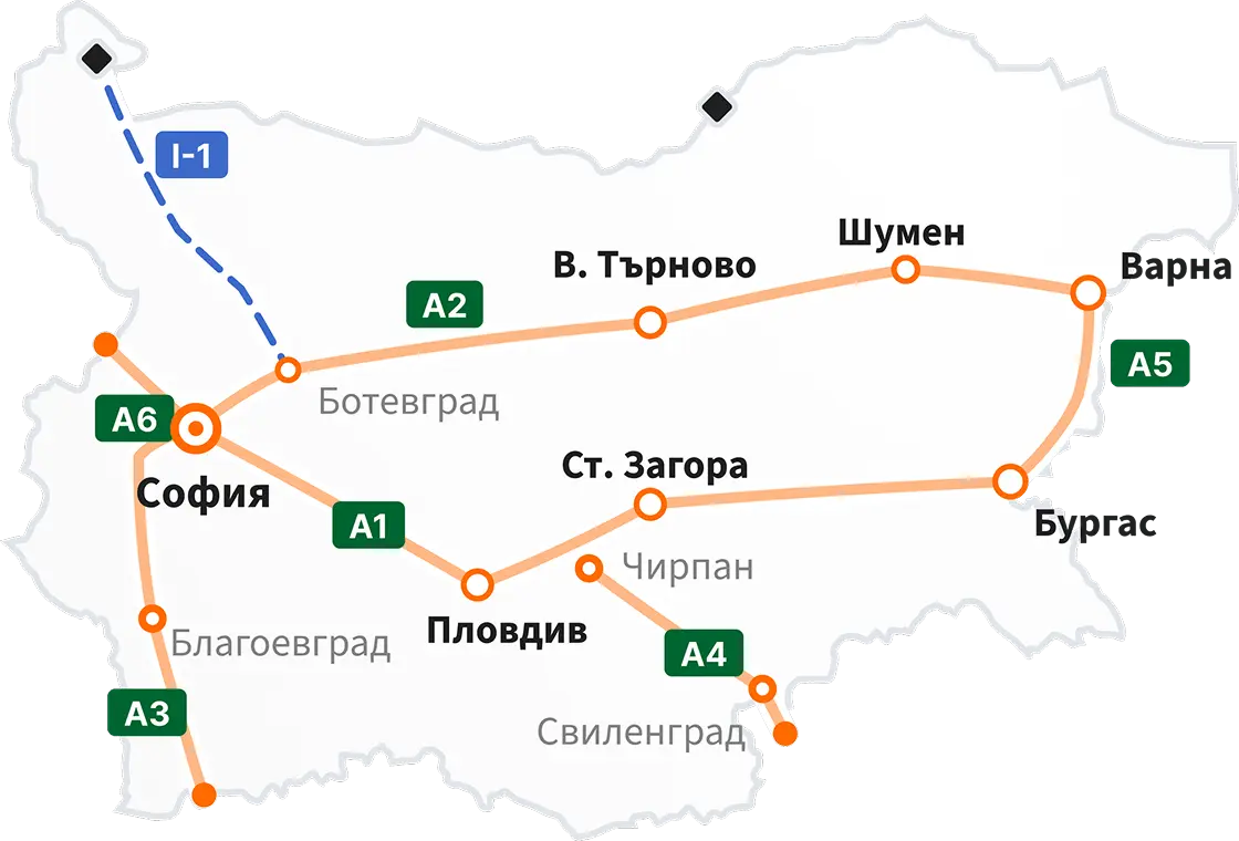 Карта на България с платените автомагистрали и републикански пътища